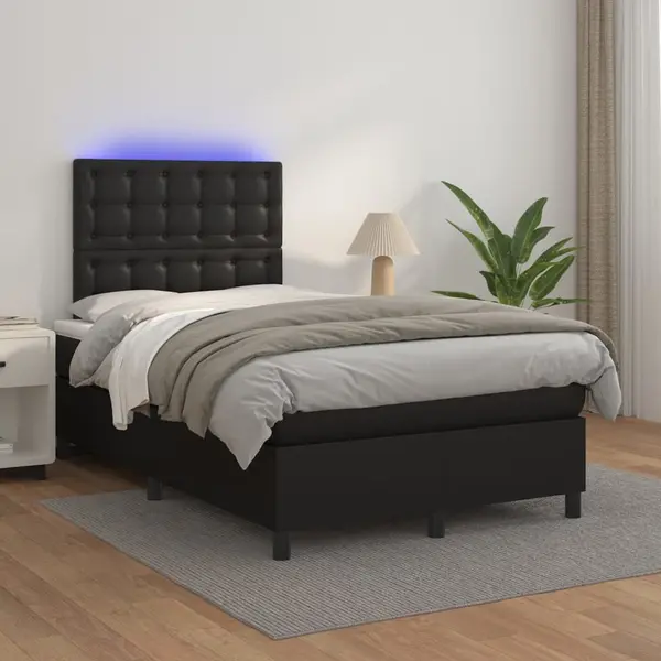 Gossi pat cu arcuri, saltea si led, negru, 120x200cm, piele ecologica