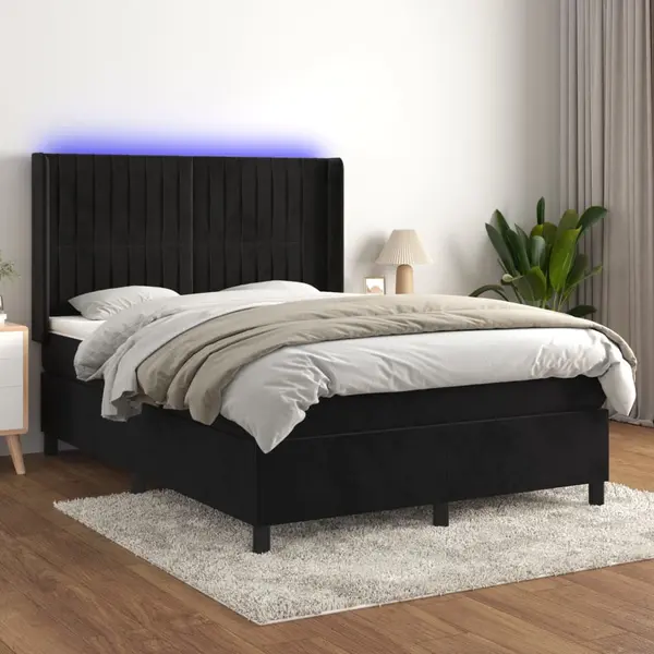 Gossi pat cu arcuri, saltea si led, negru, 140x190 cm, catifea