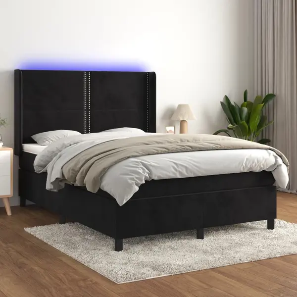 Gossi pat cu arcuri, saltea si led, negru, 140x190 cm, catifea