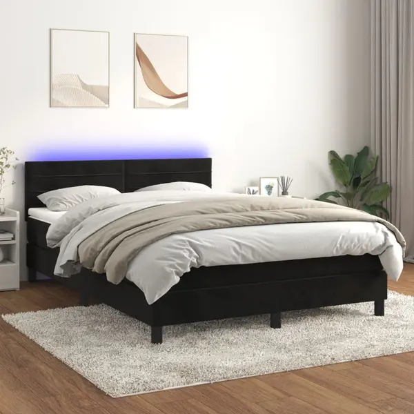 Gossi pat cu arcuri, saltea si led, negru, 140x190 cm, catifea