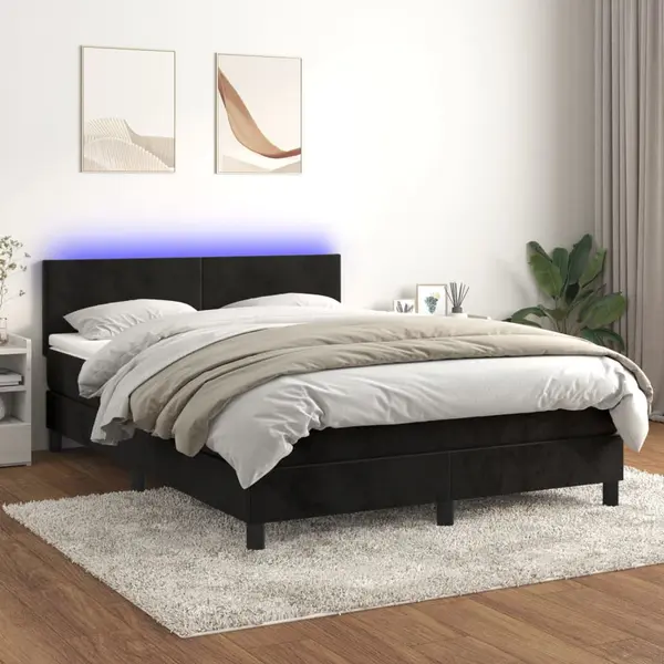Gossi pat cu arcuri, saltea si led, negru, 140x190 cm, catifea