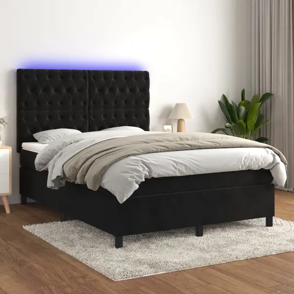 Gossi pat cu arcuri, saltea si led, negru, 140x190 cm, catifea