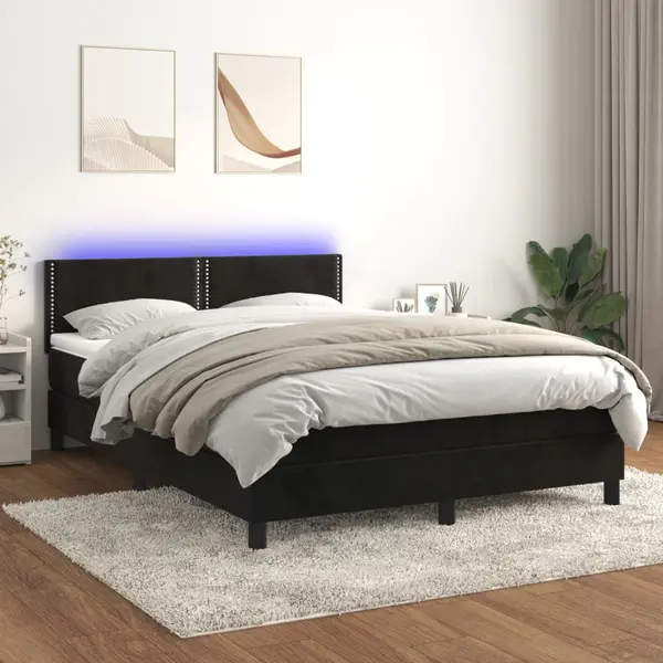 Gossi pat cu arcuri, saltea si led, negru, 140x190 cm, catifea