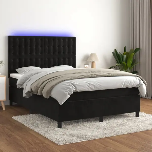 Gossi pat cu arcuri, saltea si led, negru, 140x190 cm, catifea