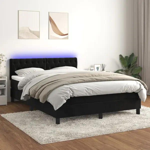 Gossi pat cu arcuri, saltea si led, negru, 140x200 cm, catifea