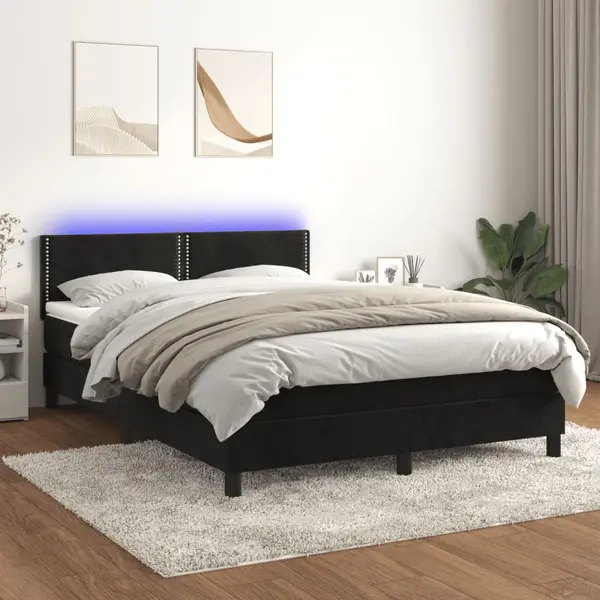 Gossi pat cu arcuri, saltea si led, negru, 140x200 cm, catifea