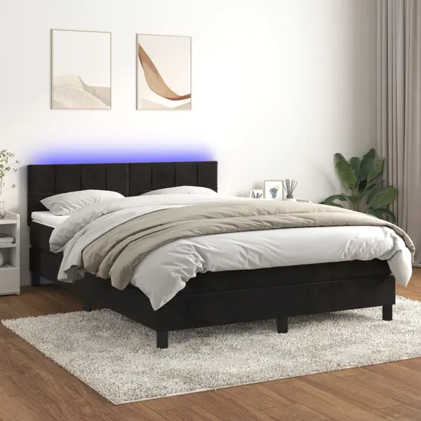 Gossi pat cu arcuri, saltea si led, negru, 140x200 cm, catifea
