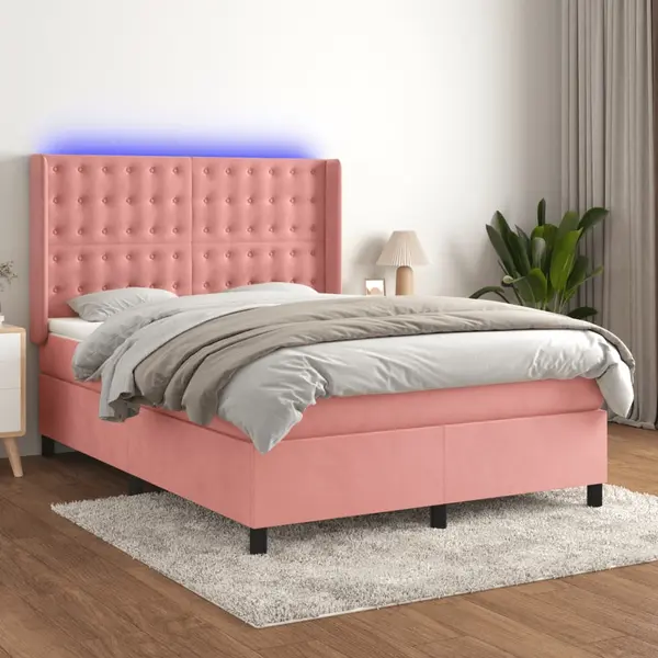 Gossi pat cu arcuri, saltea si led, negru, 140x200 cm, catifea