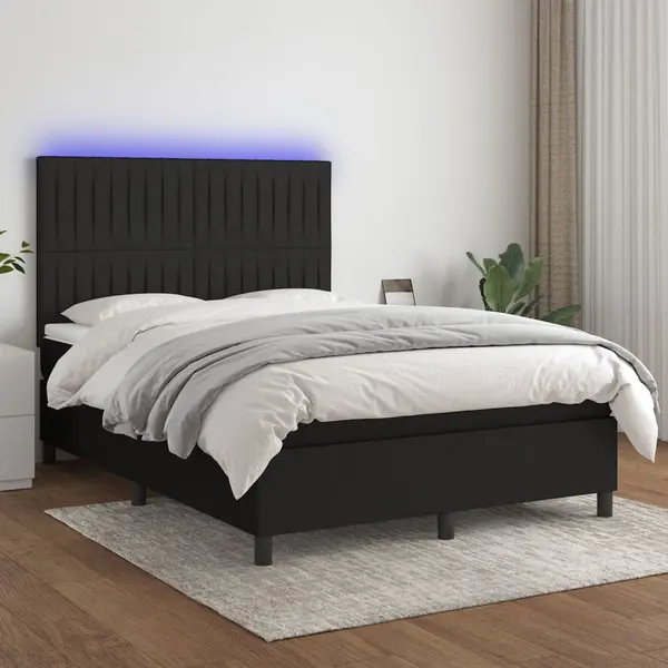 Gossi pat cu arcuri, saltea si led, negru, 140x200 cm, textil