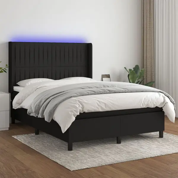 Gossi pat cu arcuri, saltea si led, negru, 140x200 cm, textil