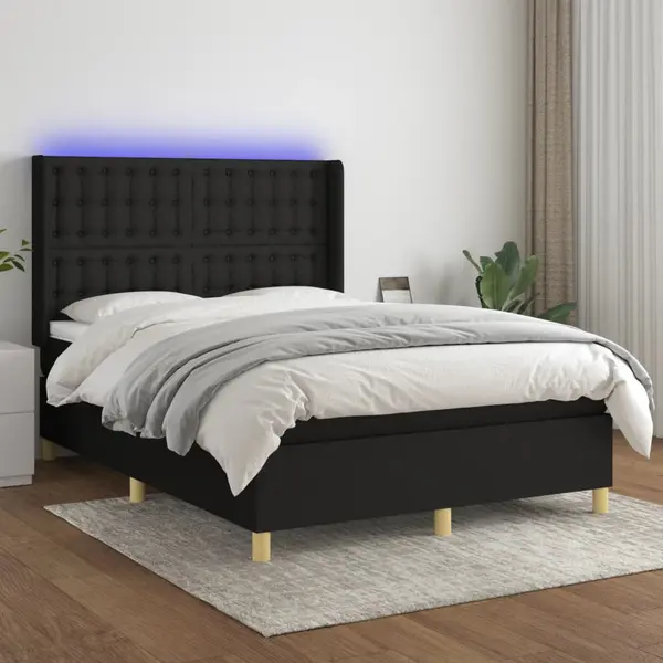 Gossi pat cu arcuri, saltea si led, negru, 140x200 cm, textil