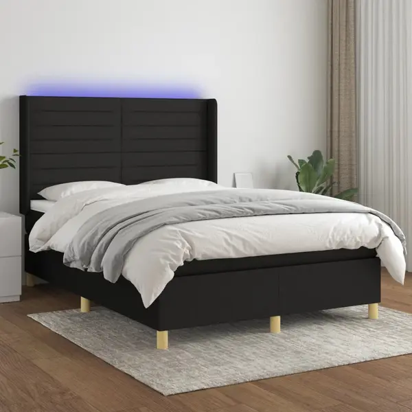 Gossi pat cu arcuri, saltea si led, negru, 140x200 cm, textil