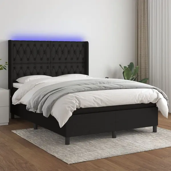 Gossi pat cu arcuri, saltea si led, negru, 140x200 cm, textil