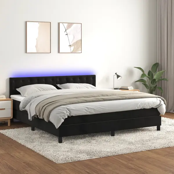 Gossi pat cu arcuri, saltea si led, negru, 160x200 cm, catifea