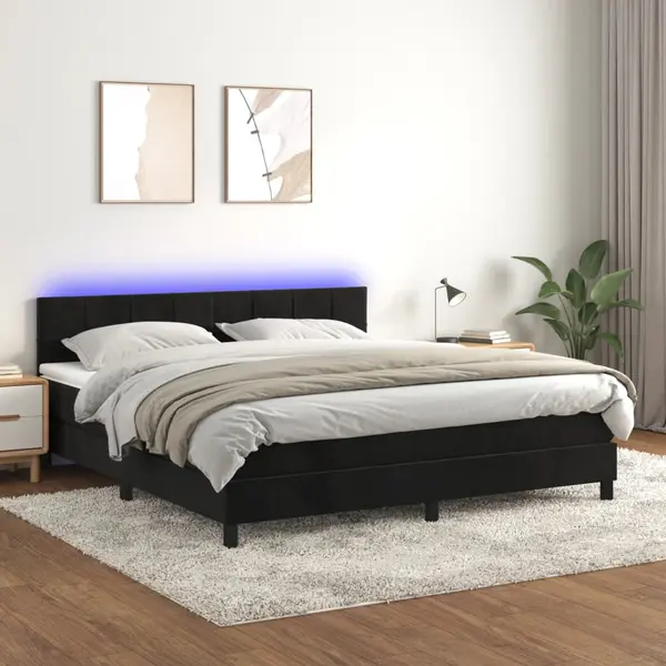 Gossi pat cu arcuri, saltea si led, negru, 160x200 cm, catifea