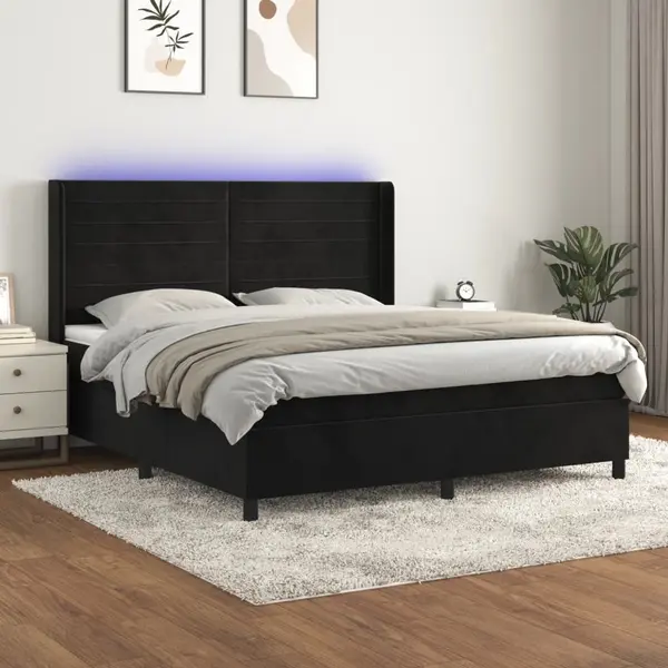 Gossi pat cu arcuri, saltea si led, negru, 160x200 cm, catifea