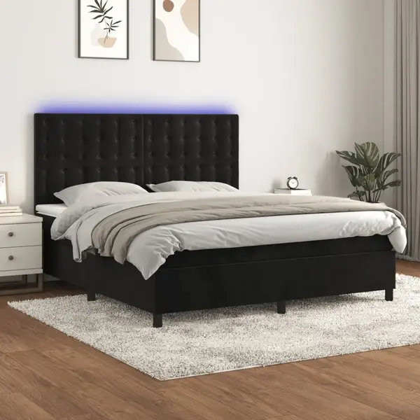 Gossi pat cu arcuri, saltea si led, negru, 160x200 cm, catifea