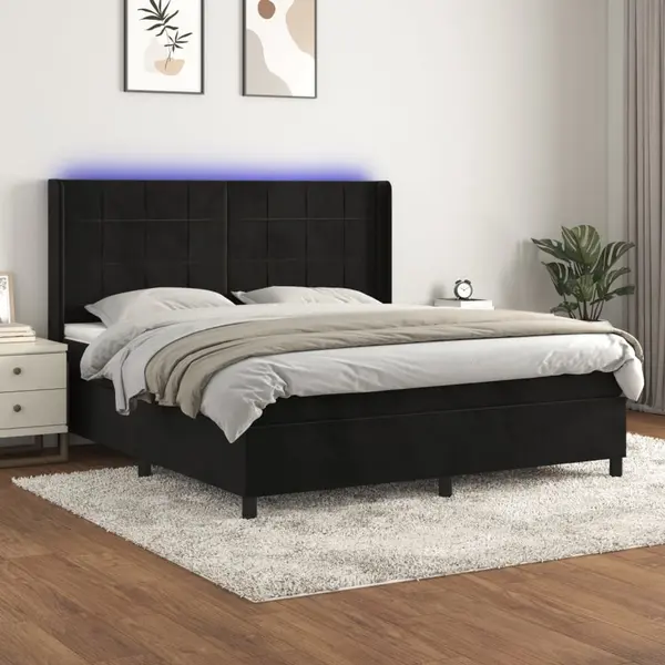 Gossi pat cu arcuri, saltea si led, negru, 160x200 cm, catifea