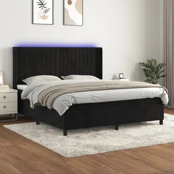 Gossi pat cu arcuri, saltea si led, negru, 160x200 cm, catifea