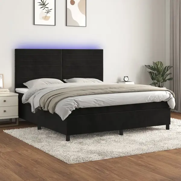 Gossi pat cu arcuri, saltea si led, negru, 160x200 cm, catifea