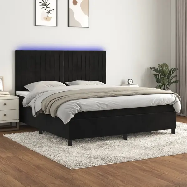 Gossi pat cu arcuri, saltea si led, negru, 160x200 cm, catifea