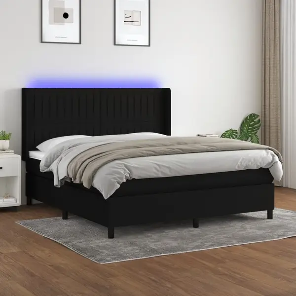 Gossi pat cu arcuri, saltea si led, negru, 160x200 cm, textil