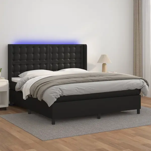 Gossi pat cu arcuri, saltea si led, negru, 160x200cm, piele ecologica