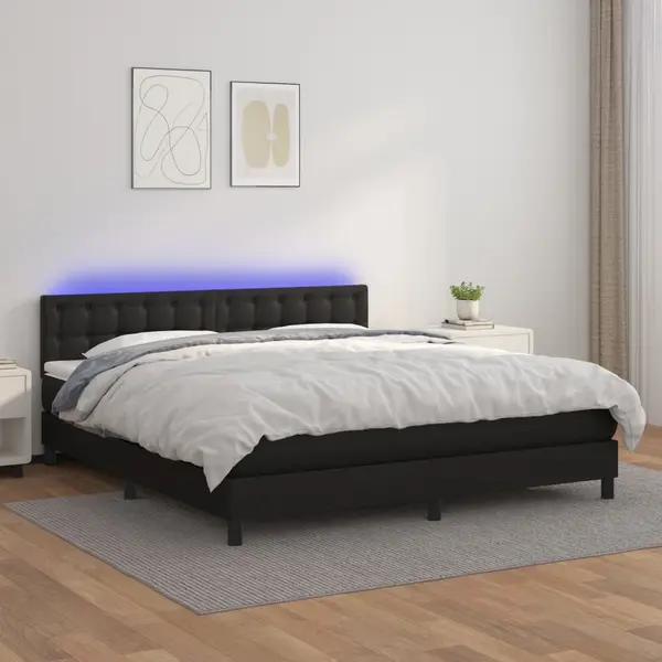 Gossi pat cu arcuri, saltea si led, negru, 160x200cm, piele ecologica