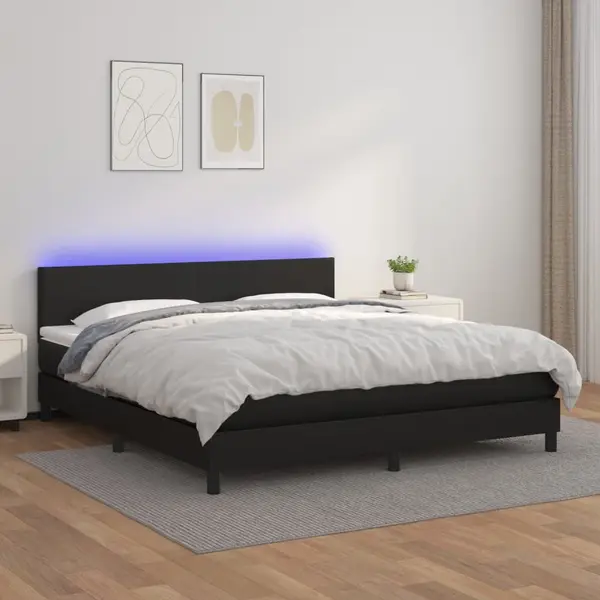 Gossi pat cu arcuri, saltea si led, negru, 160x200cm, piele ecologica