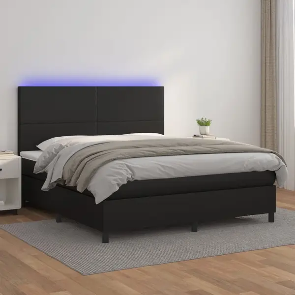 Gossi pat cu arcuri, saltea si led, negru, 160x200cm, piele ecologica