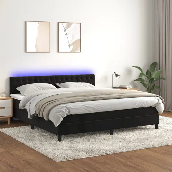 Gossi pat cu arcuri, saltea si led, negru, 180x200 cm, catifea