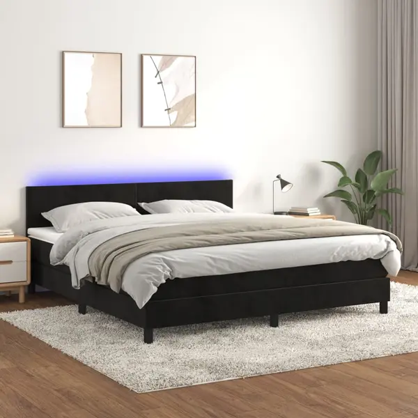 Gossi pat cu arcuri, saltea si led, negru, 180x200 cm, catifea