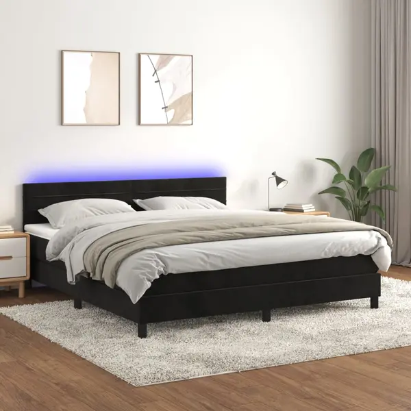 Gossi pat cu arcuri, saltea si led, negru, 180x200 cm, catifea
