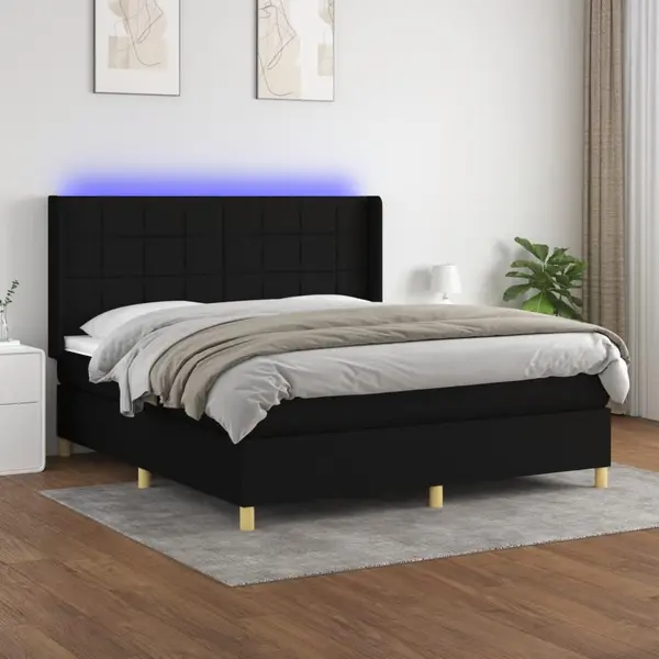Gossi pat cu arcuri, saltea si led, negru, 180x200 cm, textil