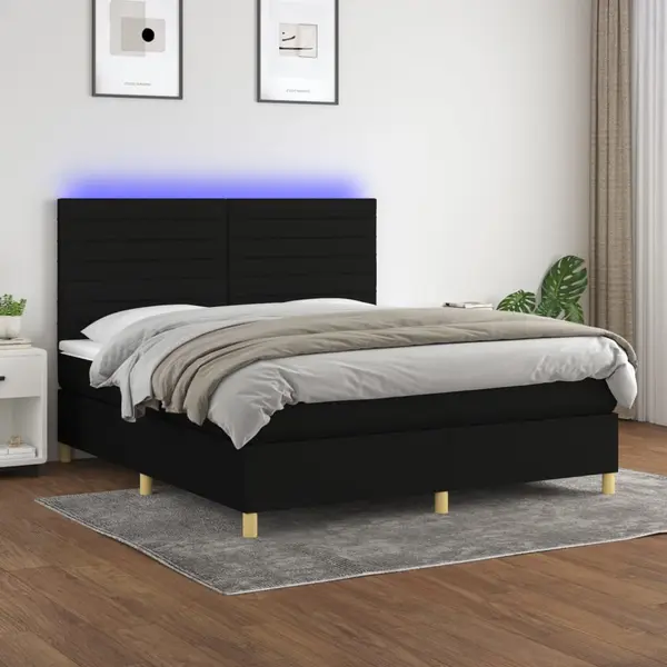 Gossi pat cu arcuri, saltea si led, negru, 180x200 cm, textil