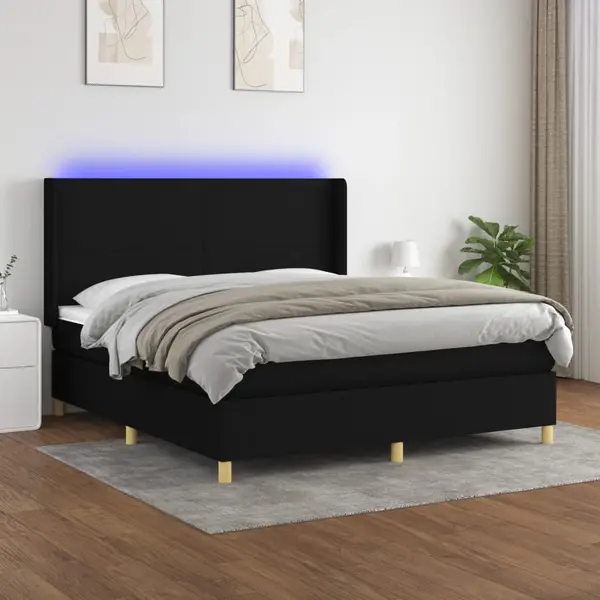 Gossi pat cu arcuri, saltea si led, negru, 180x200 cm, textil