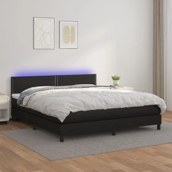 Gossi pat cu arcuri, saltea si led, negru, 180x200cm, piele ecologica