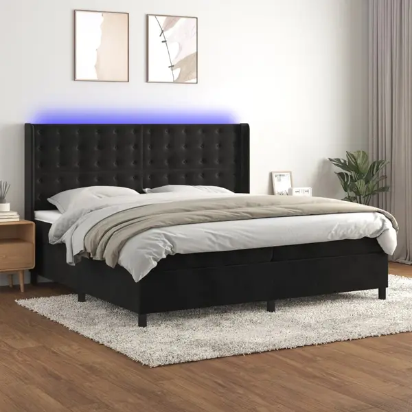 Gossi pat cu arcuri, saltea si led, negru, 200x200 cm, catifea