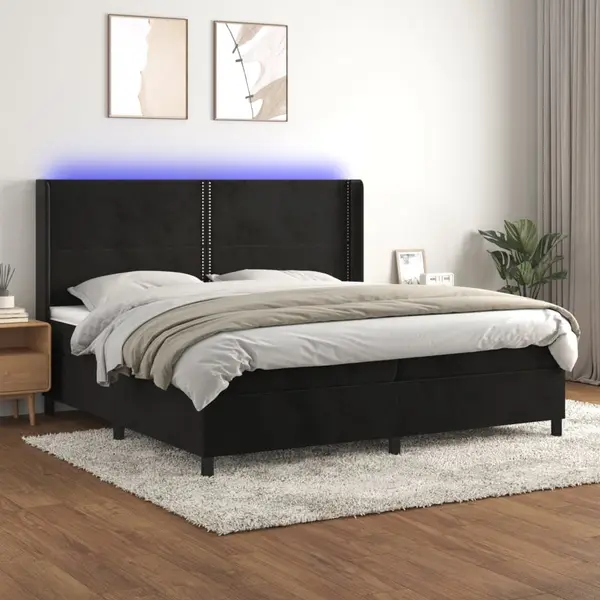 Gossi pat cu arcuri, saltea si led, negru, 200x200 cm, catifea