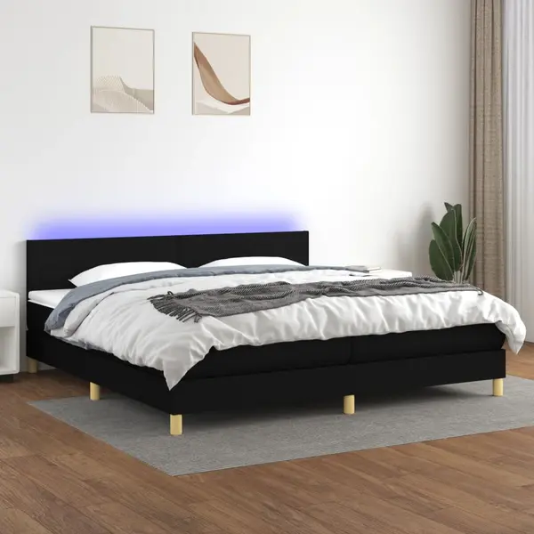 Gossi pat cu arcuri, saltea si led, negru, 200x200 cm, textil