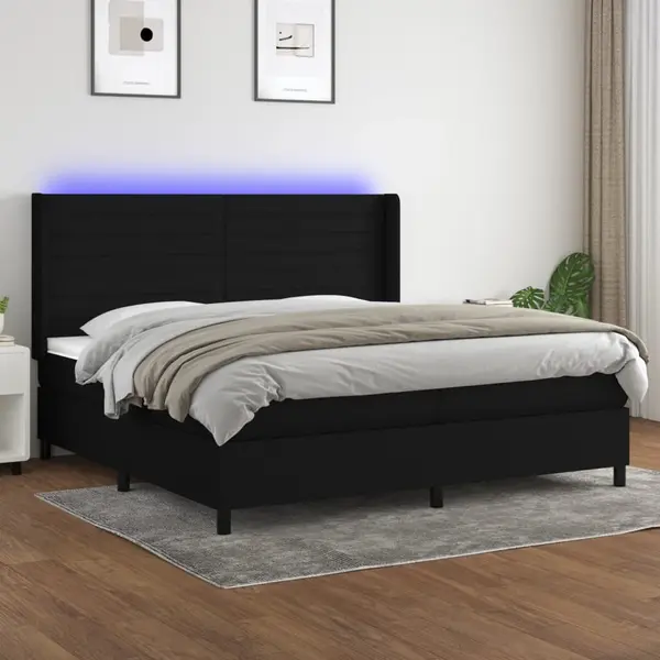Gossi pat cu arcuri, saltea si led, negru, 200x200 cm, textil