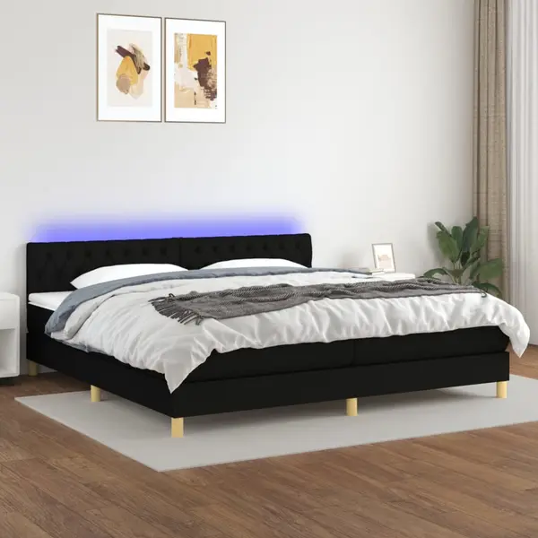 Gossi pat cu arcuri, saltea si led, negru, 200x200 cm, textil