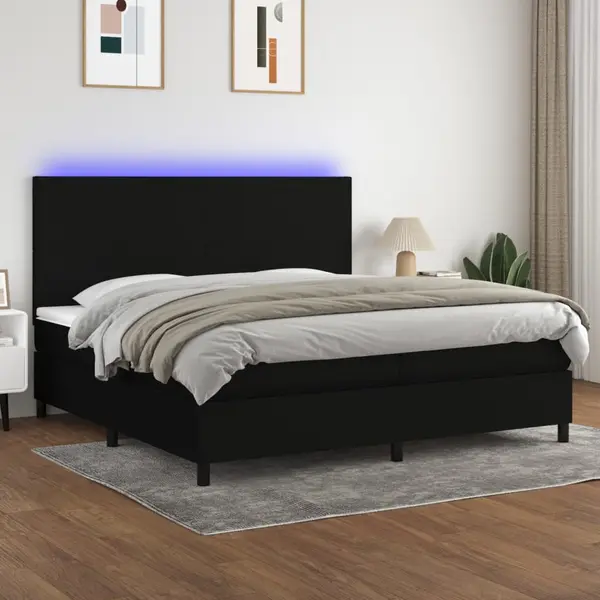 Gossi pat cu arcuri, saltea si led, negru, 200x200 cm, textil