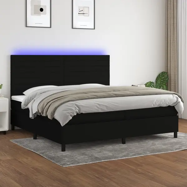Gossi pat cu arcuri, saltea si led, negru, 200x200 cm, textil