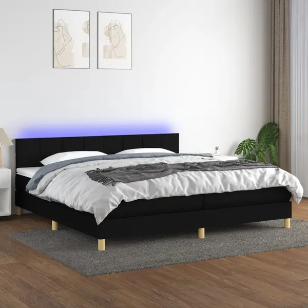 Gossi pat cu arcuri, saltea si led, negru, 200x200 cm, textil