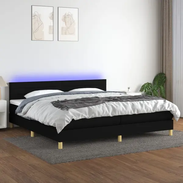 Gossi pat cu arcuri, saltea si led, negru, 200x200 cm, textil