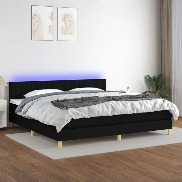 Gossi pat cu arcuri, saltea si led, negru, 200x200 cm, textil