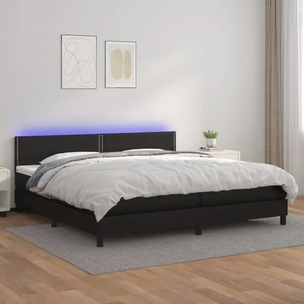 Gossi pat cu arcuri, saltea si led, negru, 200x200cm, piele ecologica