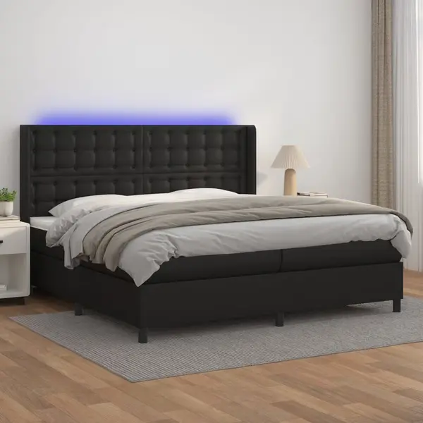 Gossi pat cu arcuri, saltea si led, negru, 200x200cm, piele ecologica