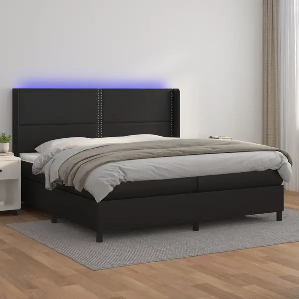Gossi pat cu arcuri, saltea si led, negru, 200x200cm, piele ecologica
